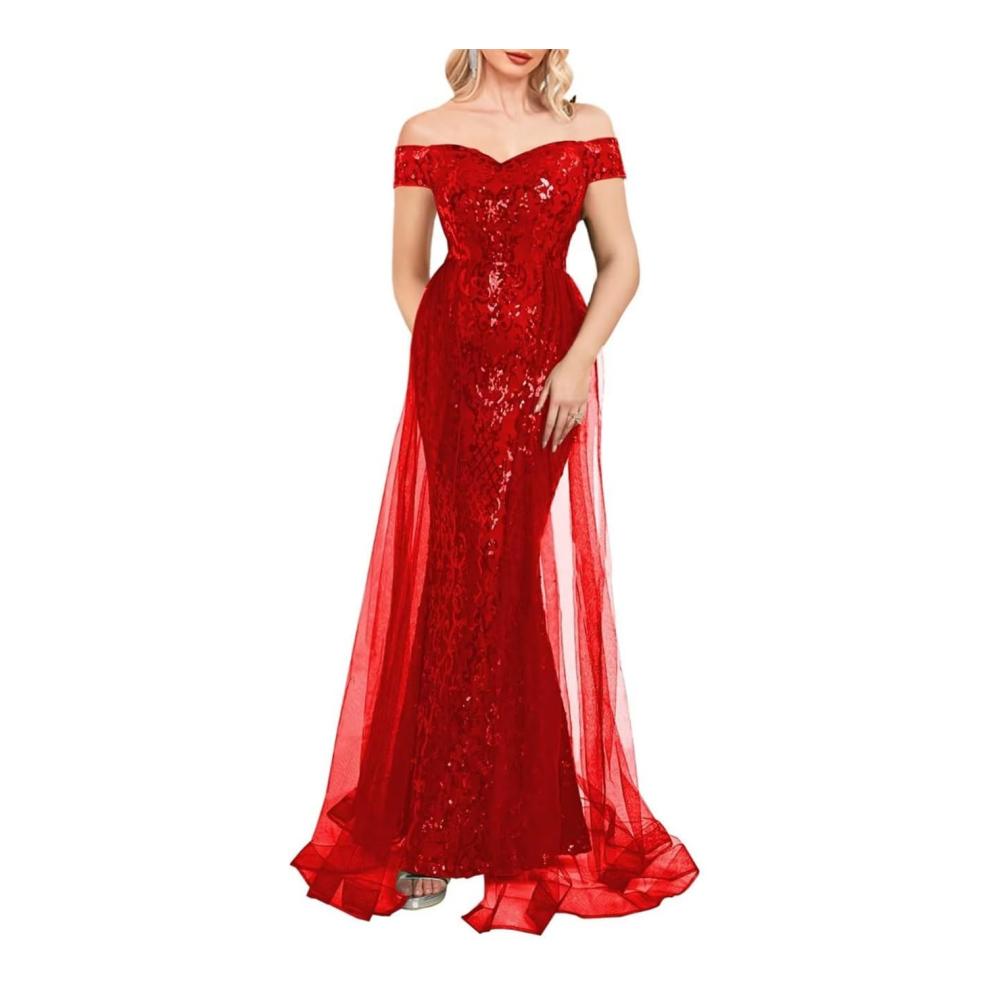 Elegantes rotes Abendkleid Schulterfrei Pailletten Meerjungfrau-Stil Umhang & Tüll formell & verführerisch. Perfekt für den Ball! WYX487 Größe 42