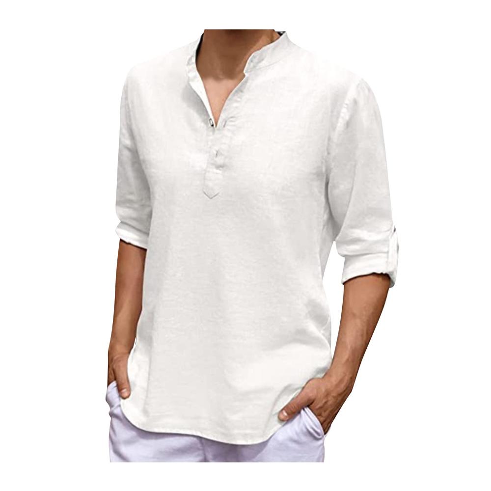 Elegante Basic Leinen Herrenhemden Langarm & Henley V-Ausschnitt Atmungsaktive T-Shirts in Schwarz & Weiß M-3XL