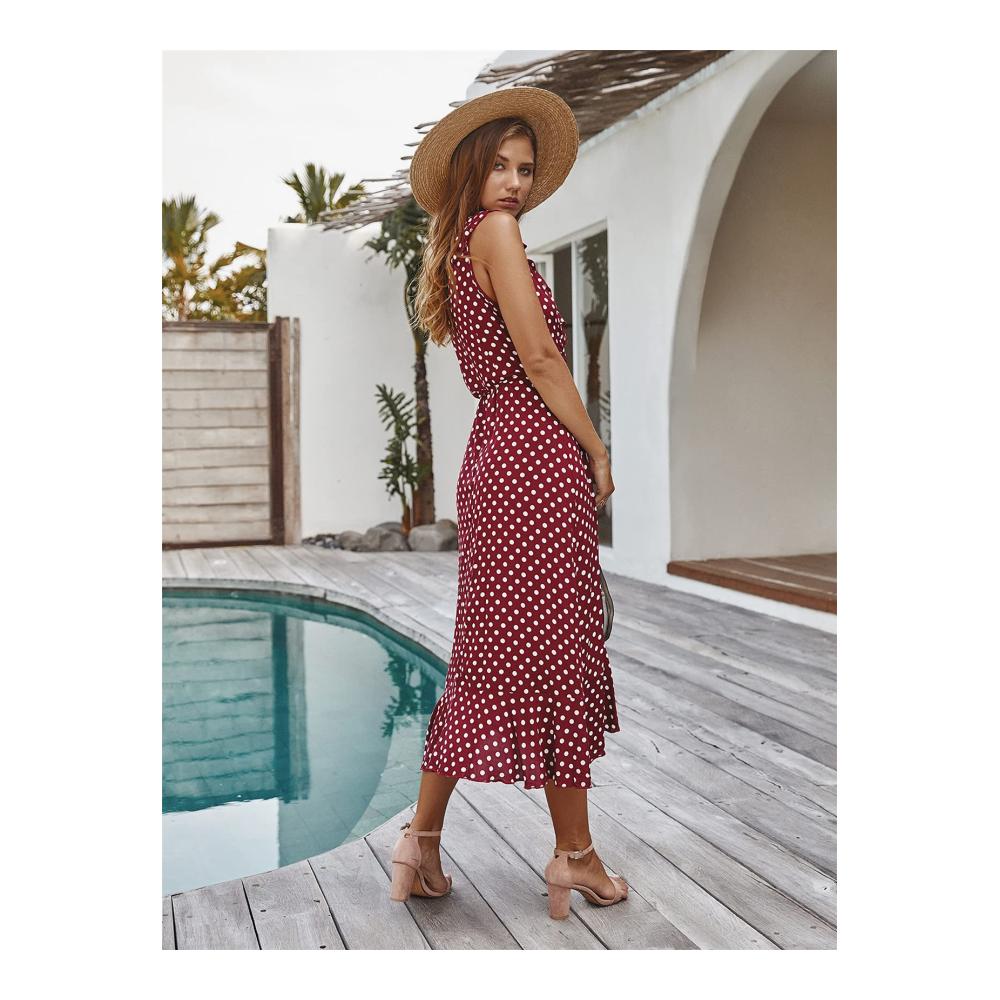 Entdecke den Sommer Damen Freizeit Maxikleid mit Polka Dots Rüschen Volants und V-Ausschnitt. Ärmellos und perfekt für den Strand! Schlitz und Gürtel inklusive. Größen S-XL