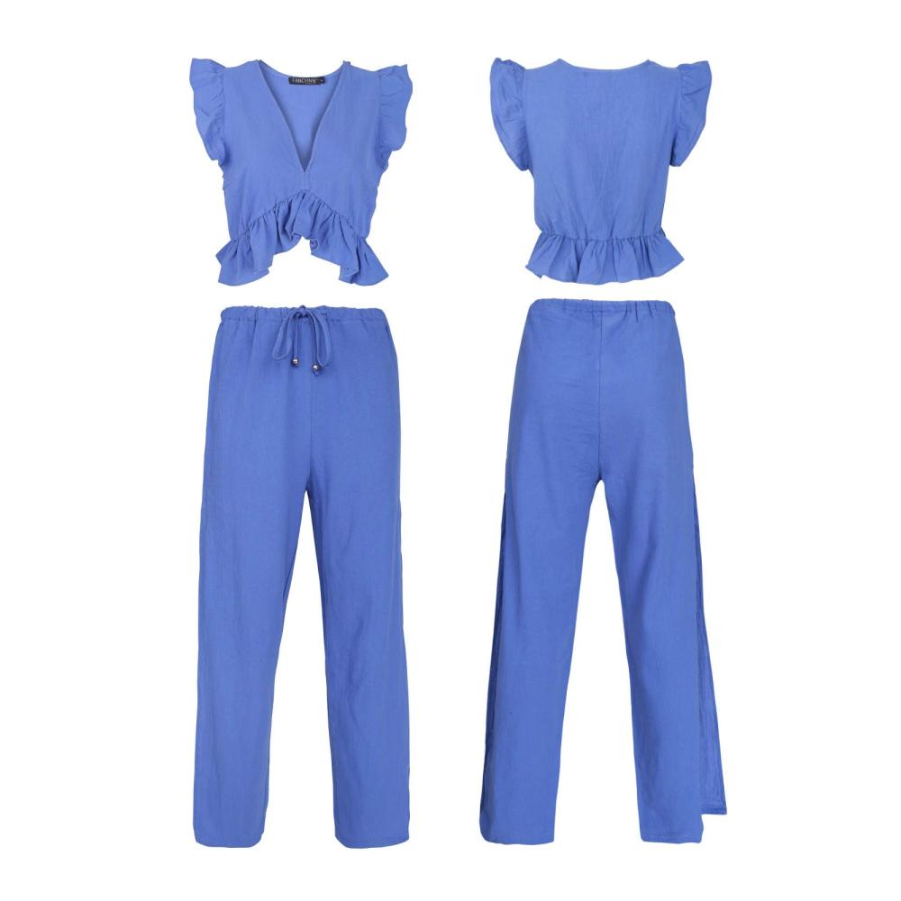 Eleganter Jumpsuit Damen Zweiteiler Crop Top sexy V-Ausschnitt Hose mit Schlitz Kordelzug. Perfekt für Sommer Strand Urlaub & lässige Outfits. Königsblau XS