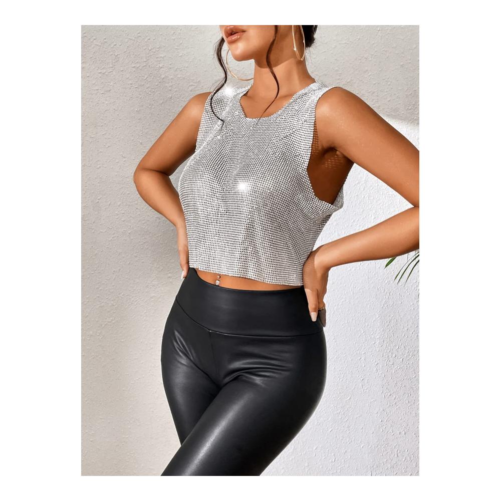 Sexy Damen Tanktop mit Glitzer-Details | Ärmelloses Neckholder Crop Top für Rave Festival & Clubwear | Strassbesetztes Partyoberteil von GGZONE