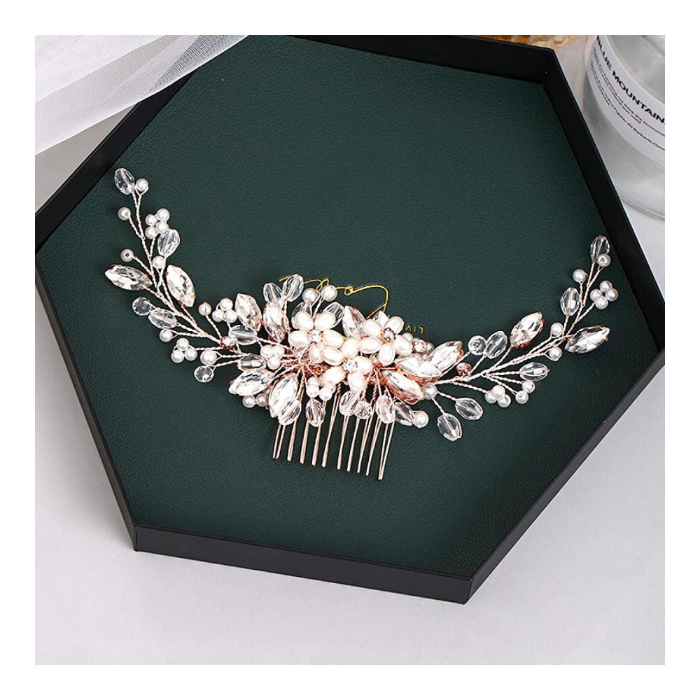 Eleganter Haarkamm mit Handarbeit Braut Tiara Haarschmuck in Mode-Roségold - Perlen Strass & Blumen für Hochzeit und Abschlussball