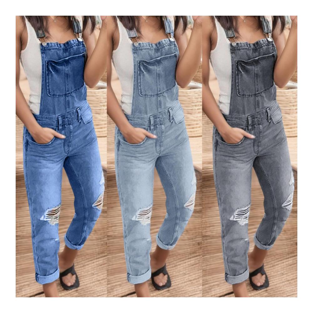 Entdecken Sie den modischen Retro-Schnitt Damen Latzhose Jumpsuit in 3 Farben! Elegant zerrissen und distressed für einen stilvollen Look