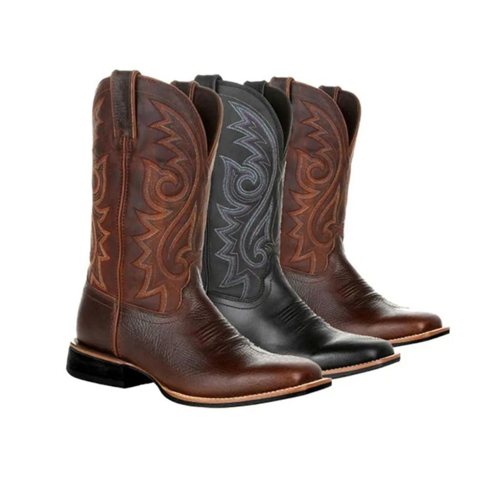 Tauchen Sie ein in den Wilden Westen mit unseren Bestickten Herren-Cowboystiefeln aus Kunstleder – Einzigartige Retro-Winterschuhe für stilvolle Männer