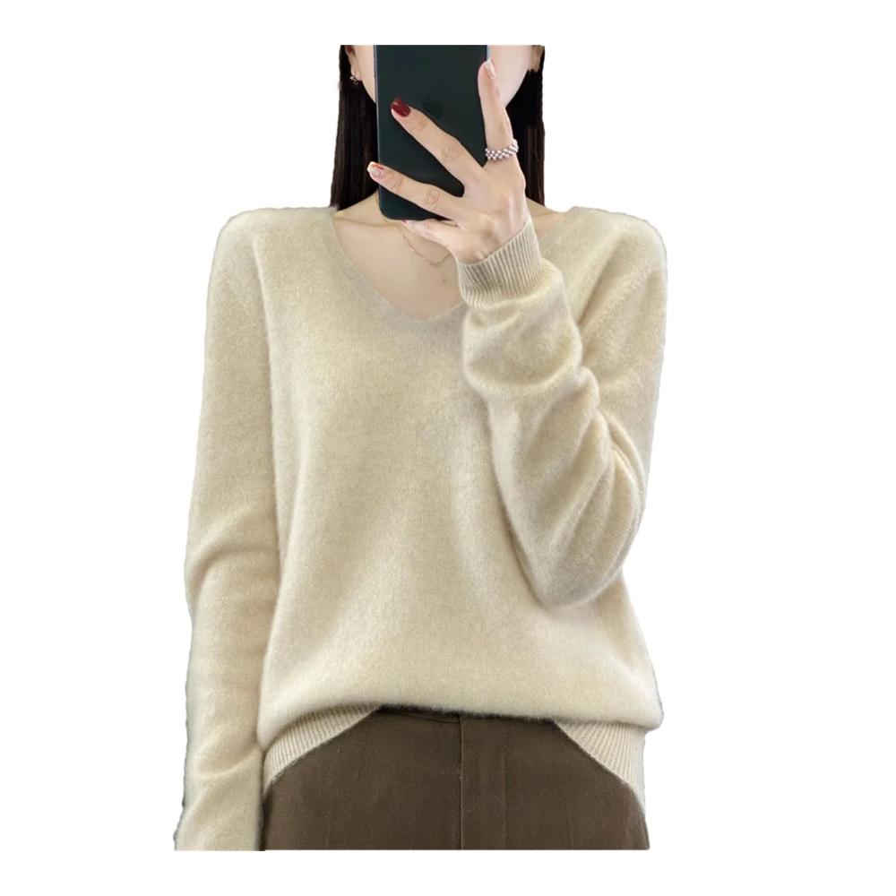 Stilvoller Damen-Pullover 100 % Merinowolle herbst- und wintergeeignet V-Ausschnitt langärmelig Kaschmir-Strick perfektes Basic für jedes Outfit