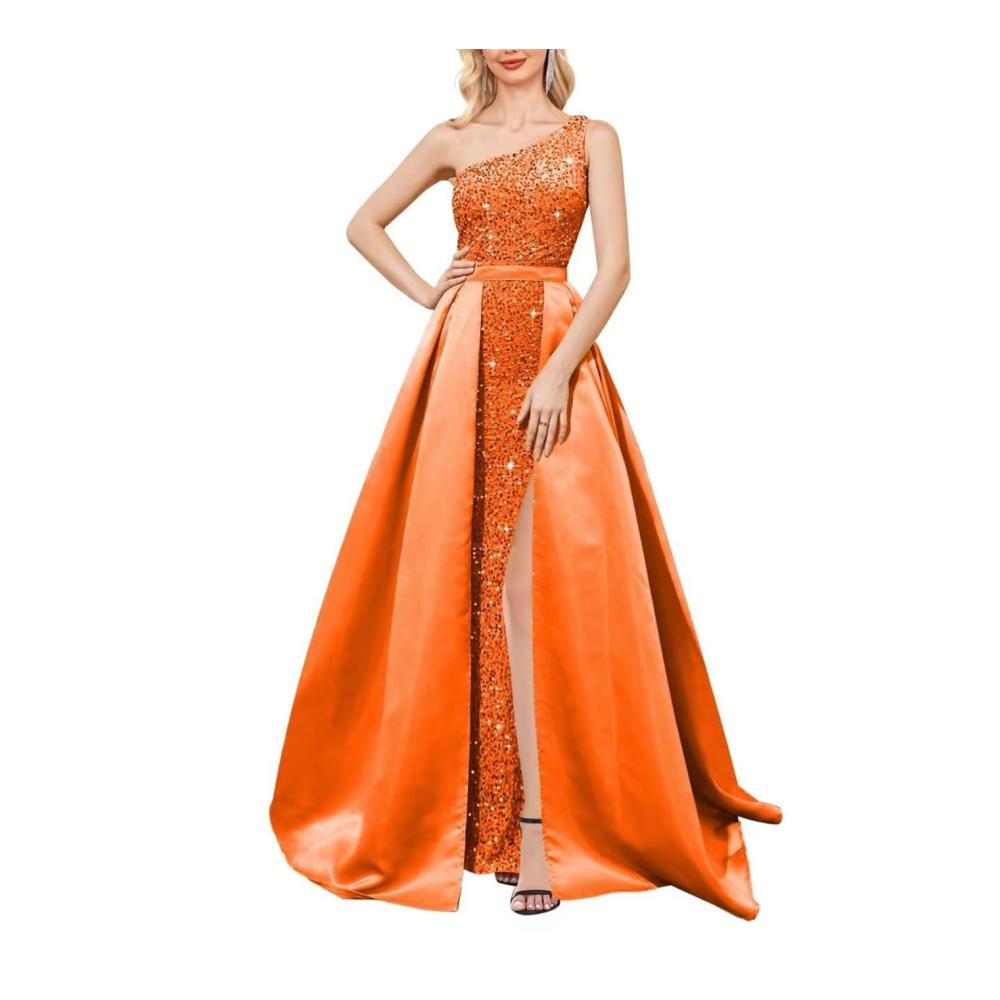 Einzigartiges Glanzstück Satin Abendkleid mit Pailletten Schulterfrei & Schlitz Damenformal Orange Größe 38 - Stilvoll und strahlend für besondere Anlässe. Jetzt sichern