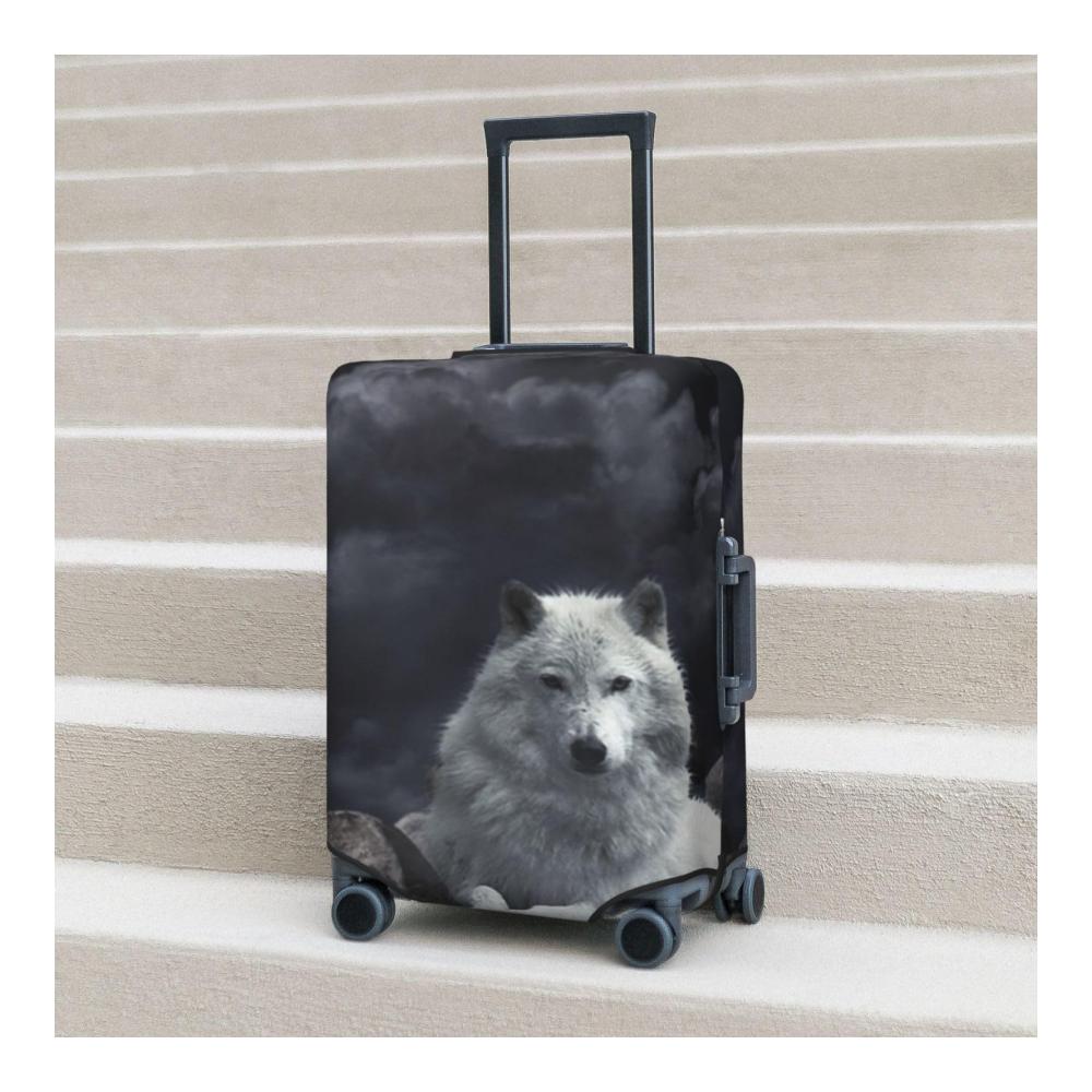 Erleben Sie ultimativen Schutz und Stil mit unserem waschbaren Trolley-Koffer-Cover! Passend für 457-813 cm große Gepäckstücke zeigt es einen weißen Wolf der auf Stein ruht