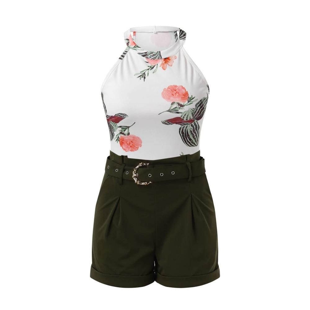 Entzückendes Pandabär-Kostüm Damen Casual Fashion Set mit Blumendruck Basic Tank Top & Shorts komplett mit Gürtel. Perfekt für stilvolle Sommer-Looks