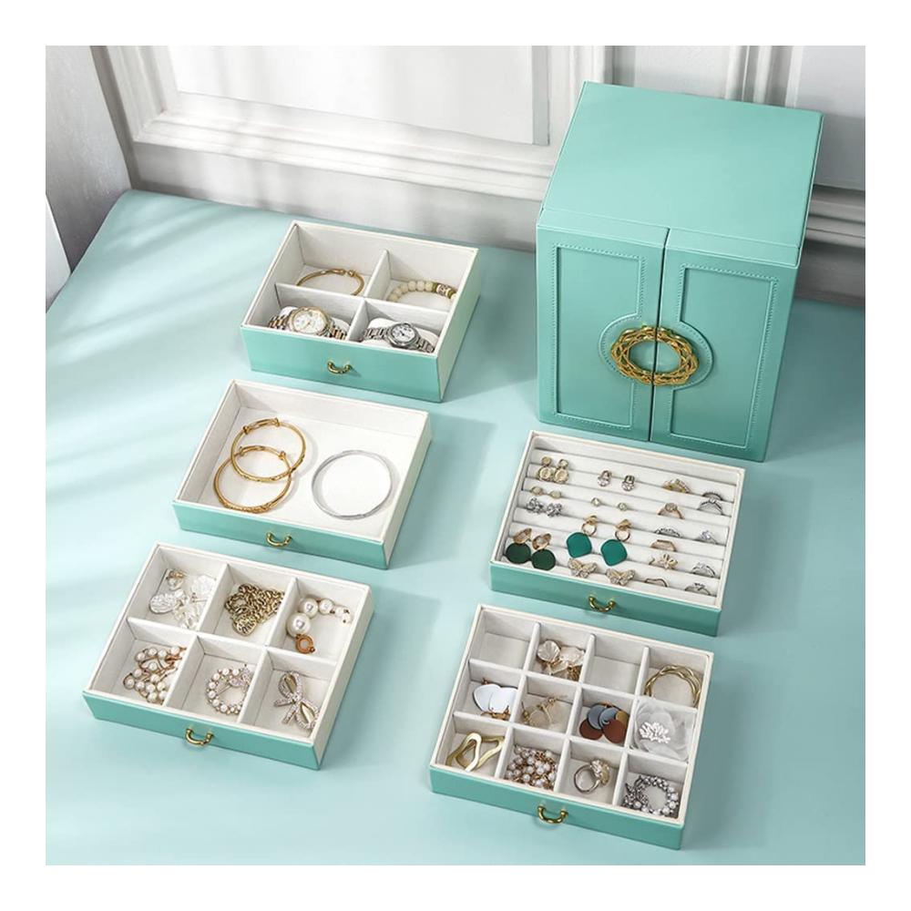 Organisieren Sie Ihren Schmuck stilvoll! Große Schmuckschatulle aus Leder mit 5 Schubladen für Ohrringe und Ringe. Ein perfektes Geschenk für Mädchen. Jetzt bestellen