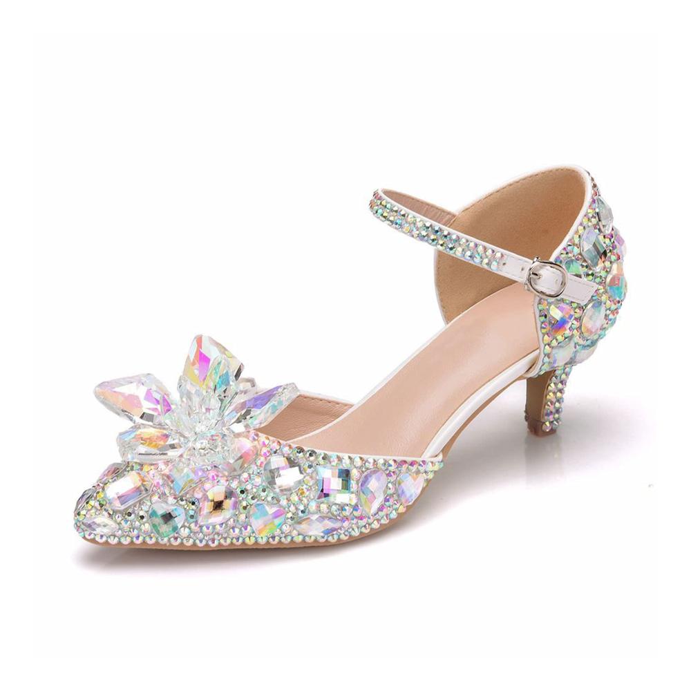 Einzigartige Damen Brautschuhe Glänzende Kristallblumen Pumps mit Knöchelriemen & 5CM High Heels für Hochzeit Party & Prom. Stilvoll & Farbenfroh