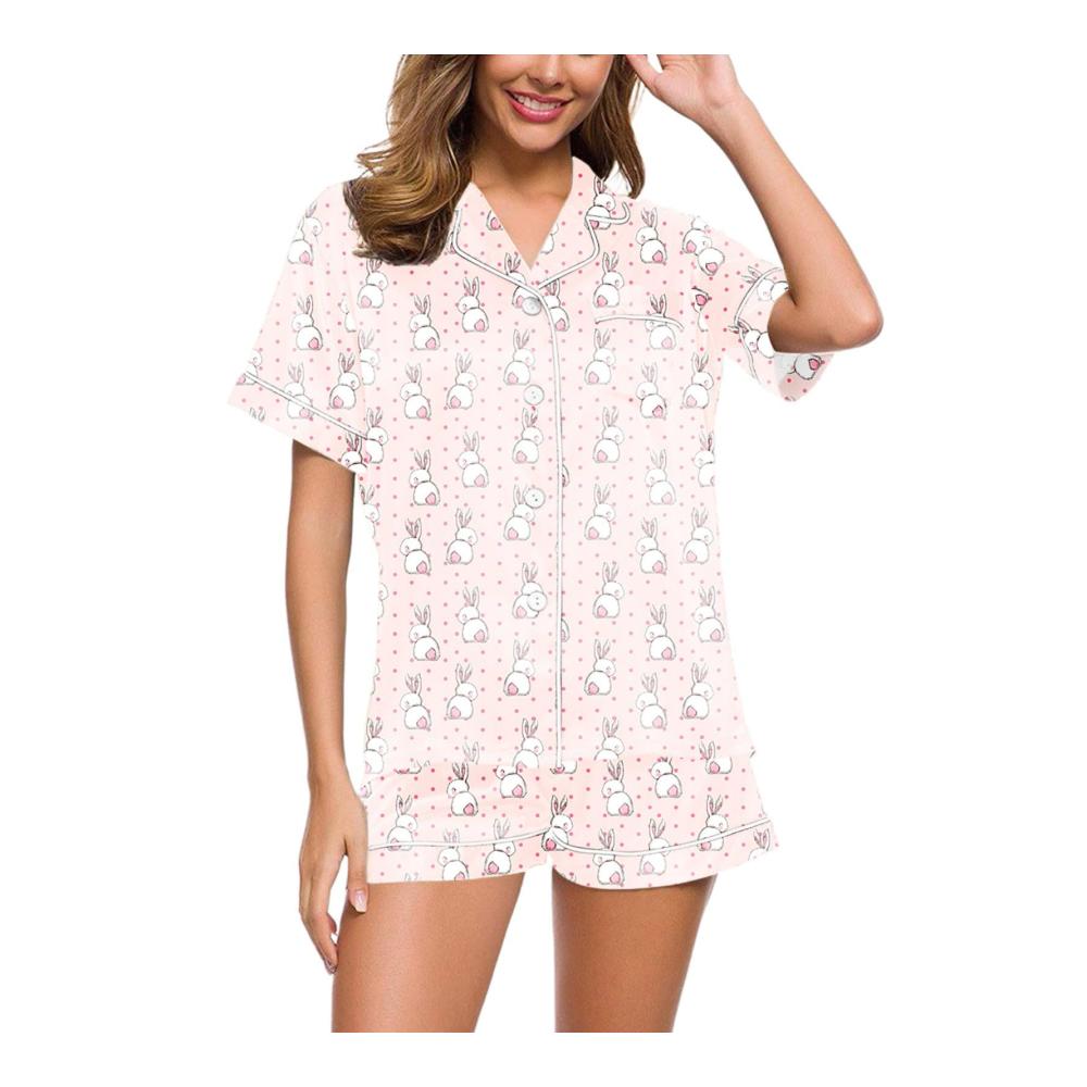 Erfrischender Komfort Y2k 2-teiliges Pyjama-Set für Damen mit süßem Kaninchen- und floralem Print. Ultimativer Schlafanzug-Luxus Kurzarmshirt und Shorts für perfekte Nächte