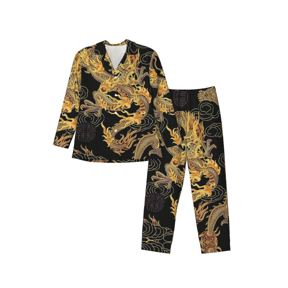 Behaglicher Herren-Schlafanzug Langärmeliges Pyjama-Set mit gelbem Drachenmotiv auf schwarzem Hintergrund. Schlummer in Stil und Komfort. Jetzt erhältlich