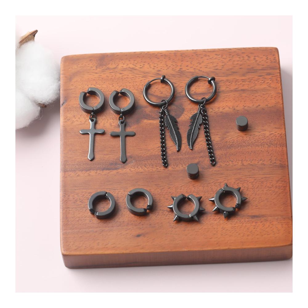 Edelstahl Magnet Ohrringe Set – 5 Paar Nicht-Durchdringende Creolen & Ohrstecker Clips für Herren Damen & Mädchen. Nickelfrei & Schwarz Perfekt für den Punk-Look