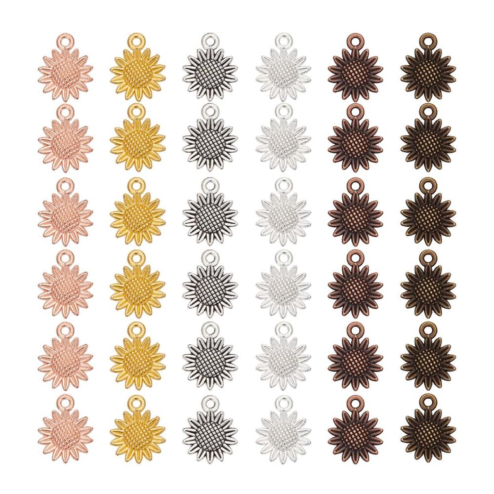 Entdecke die Magie 96 Bead Charms in 6 Sonnenblumenfarben! Vintage-Metall-Charm in tibetischem Stil. Perfekt für DIY-Schmuckherstellung! Bastel deine eigene Blumenoase