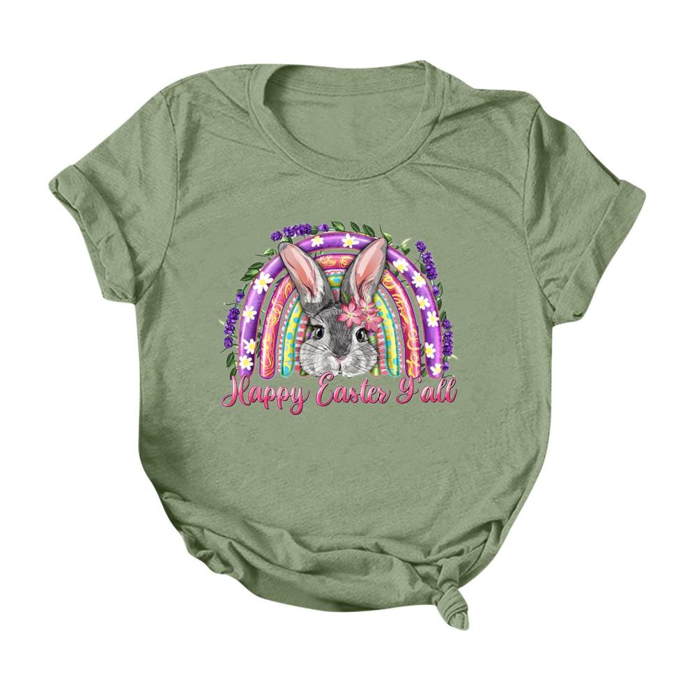 Erfrischender Oster-Look! Damen T-Shirt mit süßem Kaninchen-Print lässig und locker für den Sommer in Grün XXL - Perfekte Casual-Mode für den Ostertag