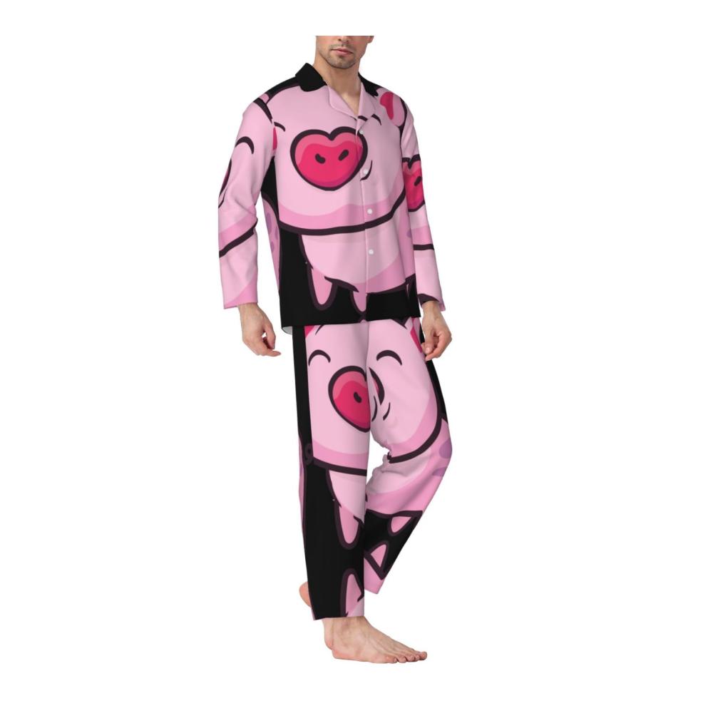 Gemütlicher Schlafanzug für Herren Modisches Langarm-Pyjama-Set mit niedlichem Pink Pig-Druck für erholsame Nächte