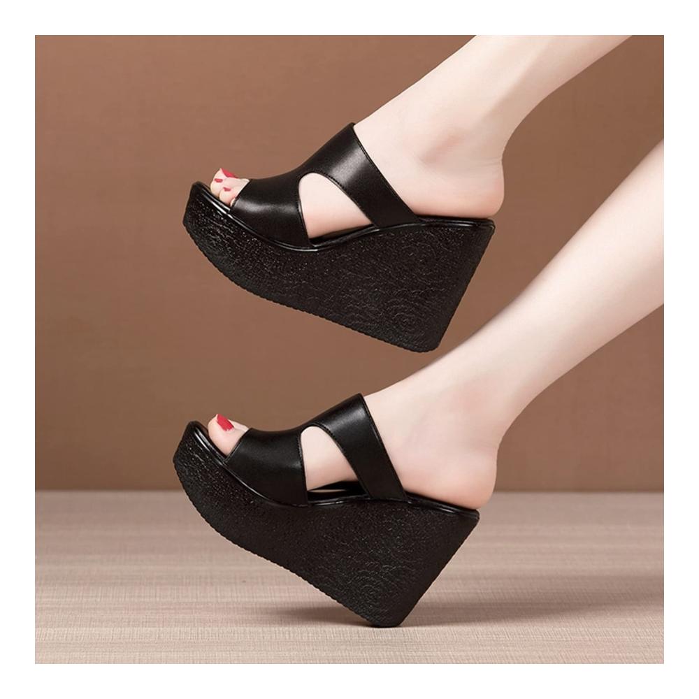 Damen Sommer Sandalen Schwarze Peep-Toe Wedges mit Anti-Rutsch-Plattform | Bequeme Slip-On Pantoletten für Frauen verschleißfest und stilvoll