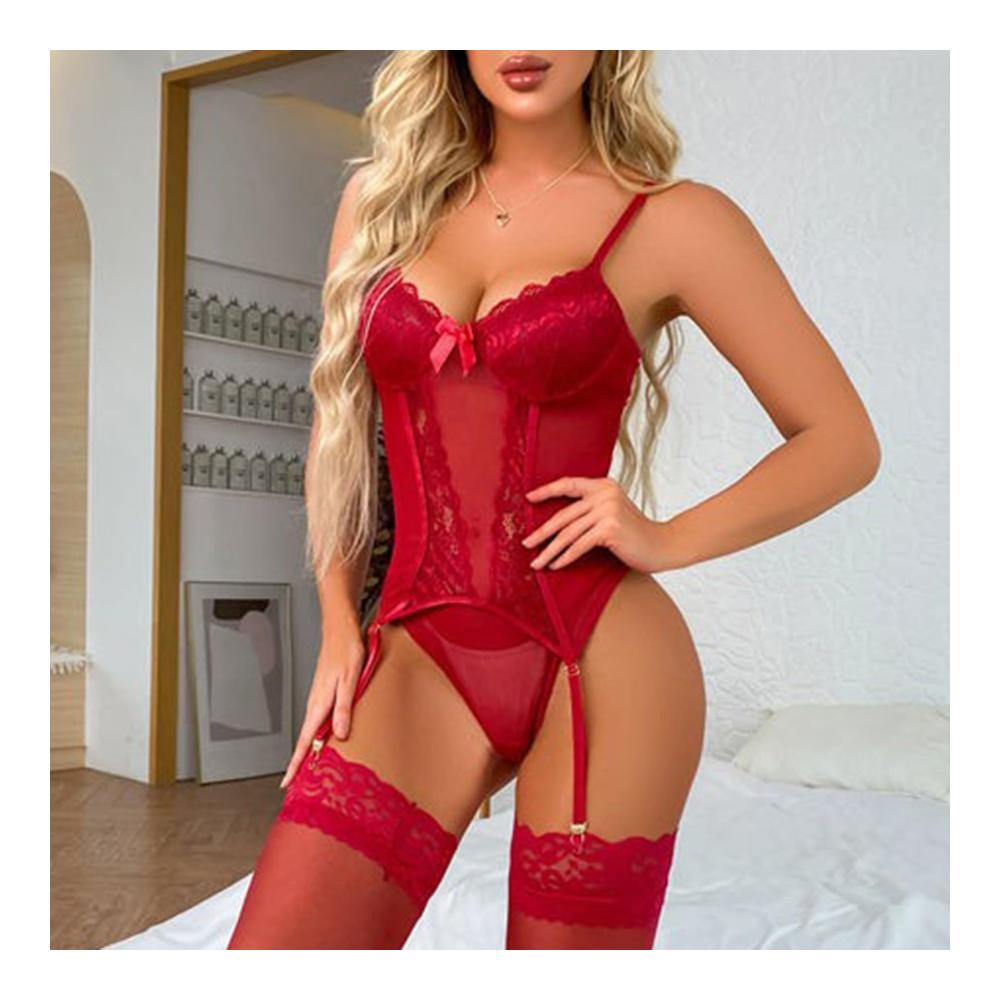 Entzückendes Dessous-Set Verführerischer Spitzen-Body mit Oberschenkelmanschetten und Strumpfband. Sexy Reizwäsche für Damen sinnliches Nachthemd mit tiefem V-Ausschnitt und elegantem Bogen