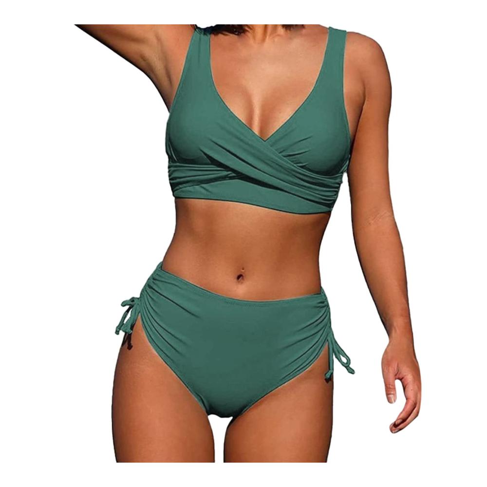 Entdecken Sie den Vintage-Chic Damen-Bikini-Sets mit hoher Taille Push-Up Effekt und solidem Design in sommerlichem Grün. Perfekt für Strandtage