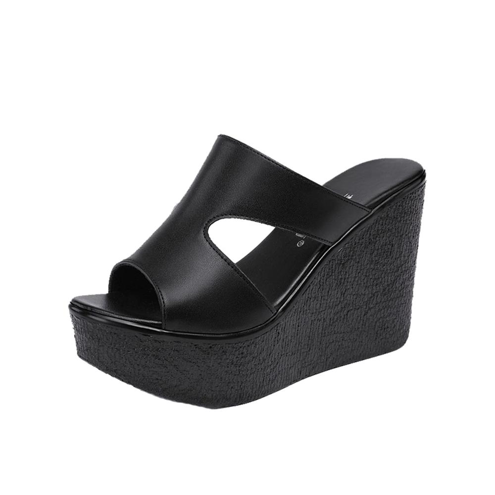 Damen Sommer Sandalen Schwarze Peep-Toe Wedges mit Anti-Rutsch-Plattform | Bequeme Slip-On Pantoletten für Frauen verschleißfest und stilvoll