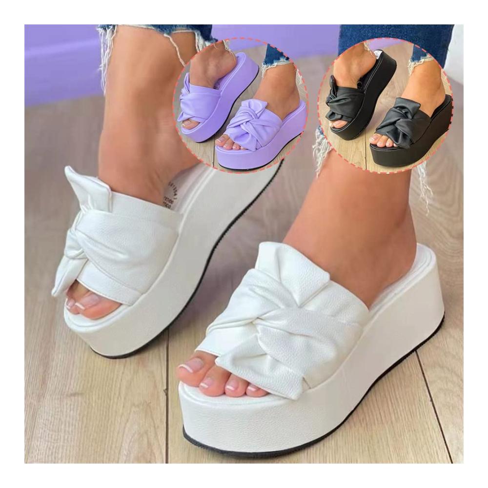 Damen Plateau Sandalen Bequeme Flats mit Schleifen-Design Trendige PU Sommerschuhe mit Flachabsatz Ideal für den Sommer und den Alltag