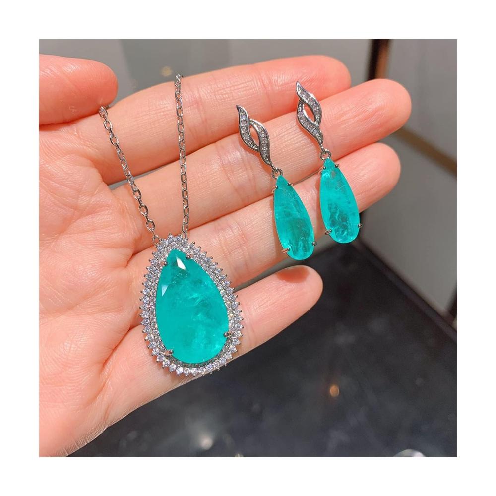 Elegante Hochzeitsschmuck-Sets Schmuck-Sets mit Lake Blue Paraiba Turmalin. Luxuriöse 925 Sterling Silber Anhänger-Halskette und Ohrringe für Frauen von YUANNYIN. Entdecken Sie den Trend