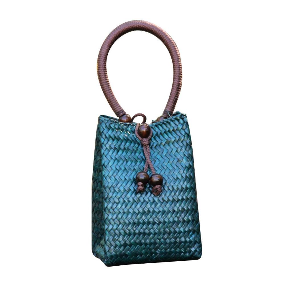 Exklusive Henkeltasche Stilvoller Sommerstrand-Beach-Handtaschen-Klassiker für Damen – Woven Wicker Design Retro-Travel Wallet-Pouch Blau