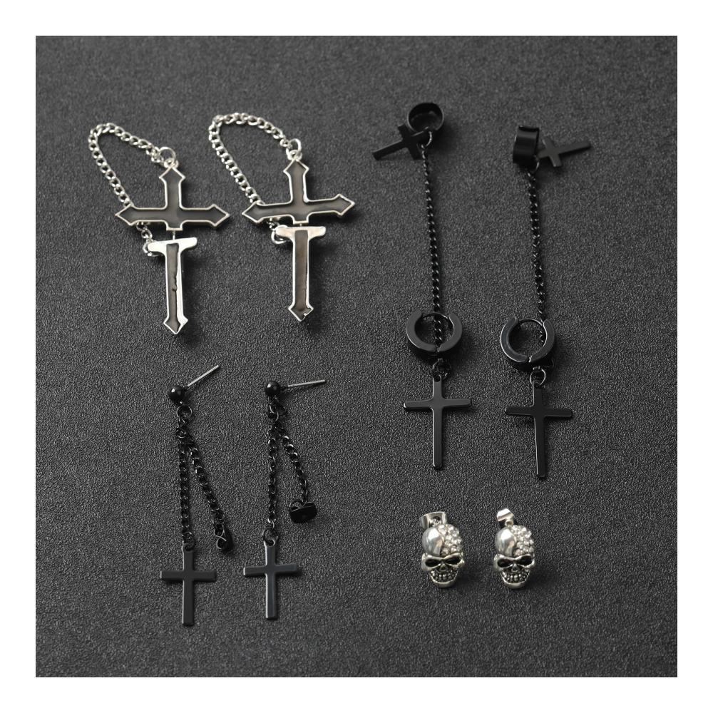 8 Paare Schwarz Ohrringe für Männer und Frauen - Gothic Punk Y2K Hippie - Axt Schädel Kreuz - Ohrstecker & Hänge - Set mit Modeschmuck für Halloween