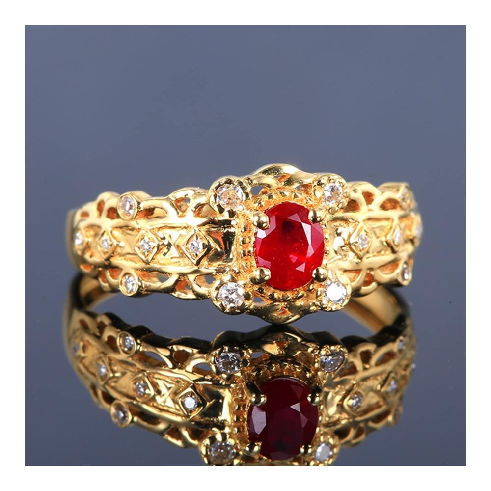 Elegante Gelbgold 750 18 Karat Solitärring mit Rotem Rubin und Diamant - Exklusive Frauen- und Pärchenringe aus Gold Au750 - Hochwertiger Echtschmuck