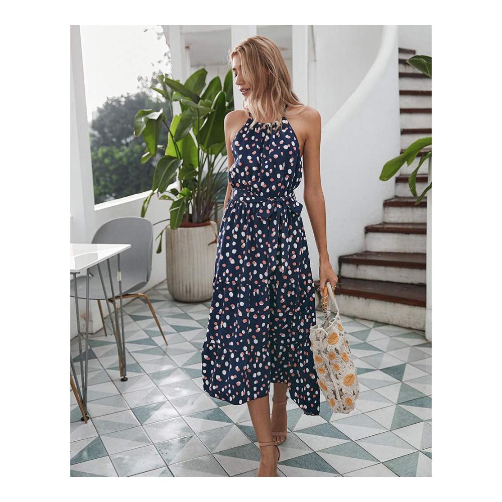 Freizeit Damen Sommerkleid Polka Dot Vintage Boho Midikleid Knielänge Kurzarm Strandkleid Blue-XL – Trendiges Outfit für entspannte Tage