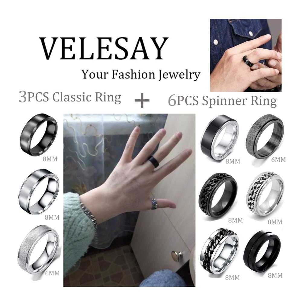 Entdecken Sie den zeitlosen Stil 9 Stücke Vintage Edelstahl Ringe für Herren und Damen – Breit Schwarz mit Kette – Set mit drehbarem Spinner-Ring und mehr – Perfektes Accessoire für Männer