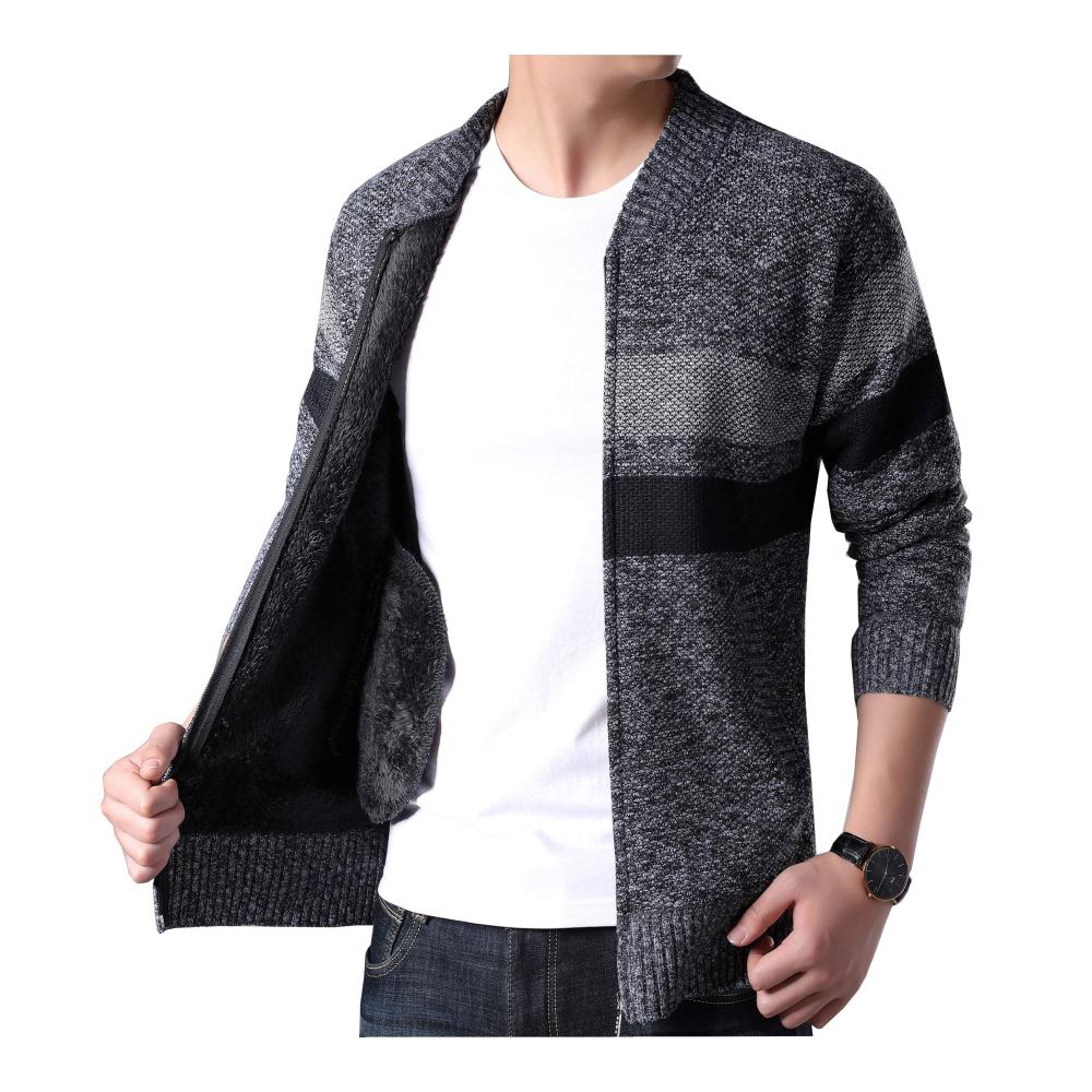 Stilvoller Herren Cardigan Samt Langarm Strickjacke mit Stehkragen Reißverschluss und Hut. Perfekte Fusion von Fashion und Komfort