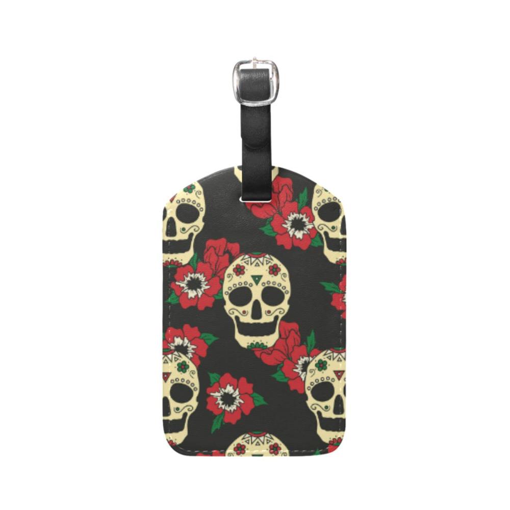 Einzigartiger Koffer- & Taschenanhänger Personalisiertes Gepäcktag mit Totenköpfen & Rosenblütenmotiv - Stilvolles PU-Leder Sichtschutz - Reiseessentials