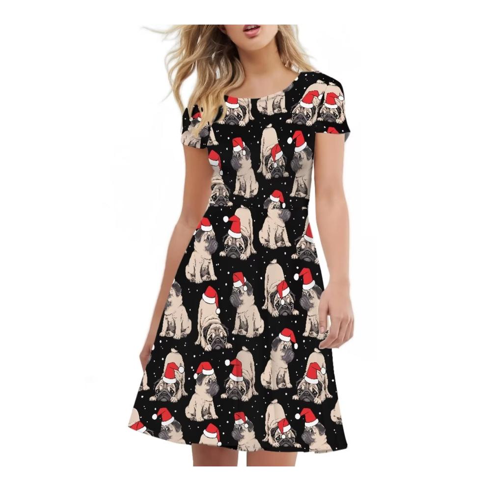 Freizeit Damen Kleid Übergröße | Midi Skaterkleid mit Xmas Pugs Print | Kurzarm | Hohe Taille | Rundhals | S-4XL | Attraktiv & Bequem