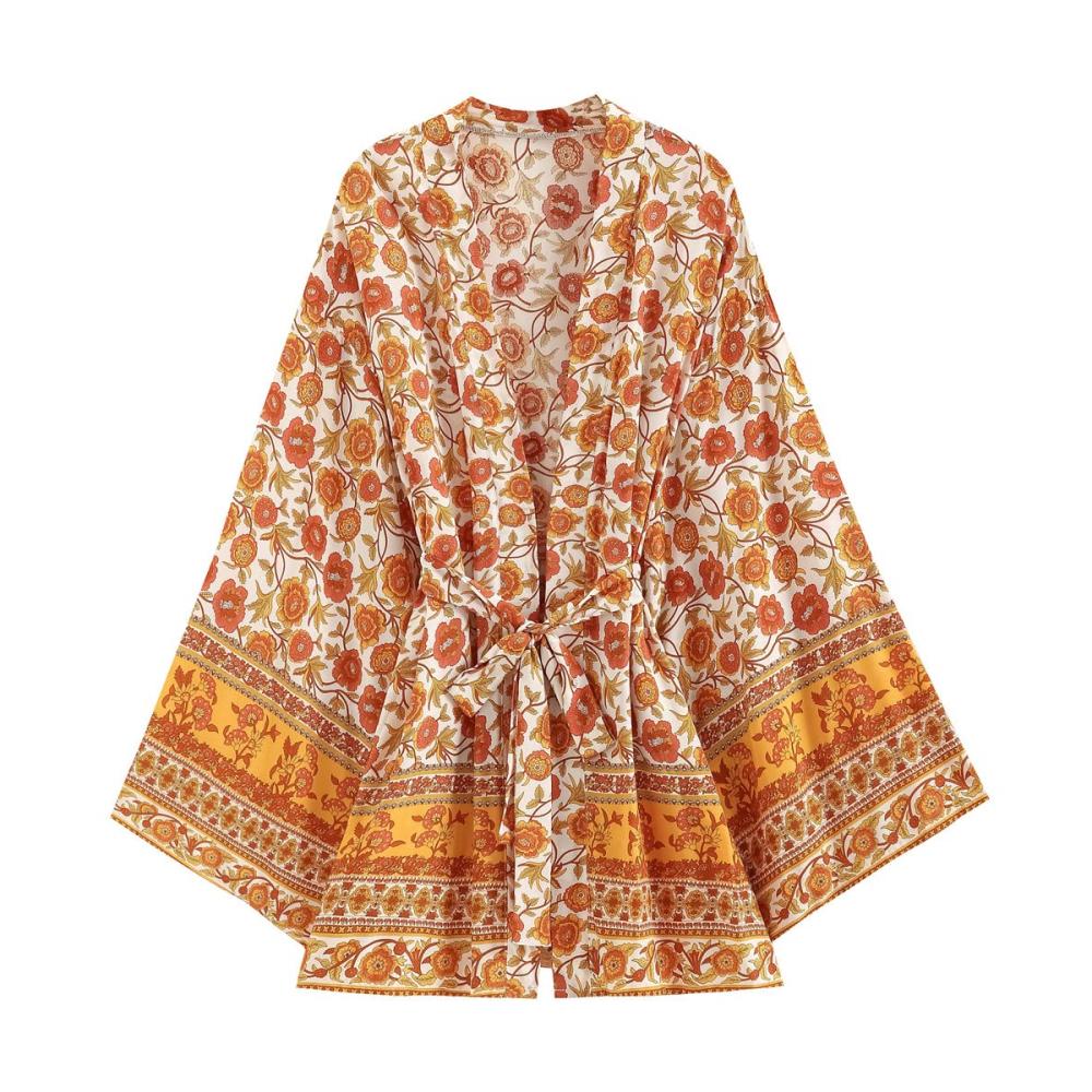 Erfrischendes Gelb Bohemian Kimono-Kleid mit Blumenmuster für Strandtage | Pareos & Strandkleider | V-Ausschnitt | Fledermausärmel | Rayon-Bikini-Cover-Up