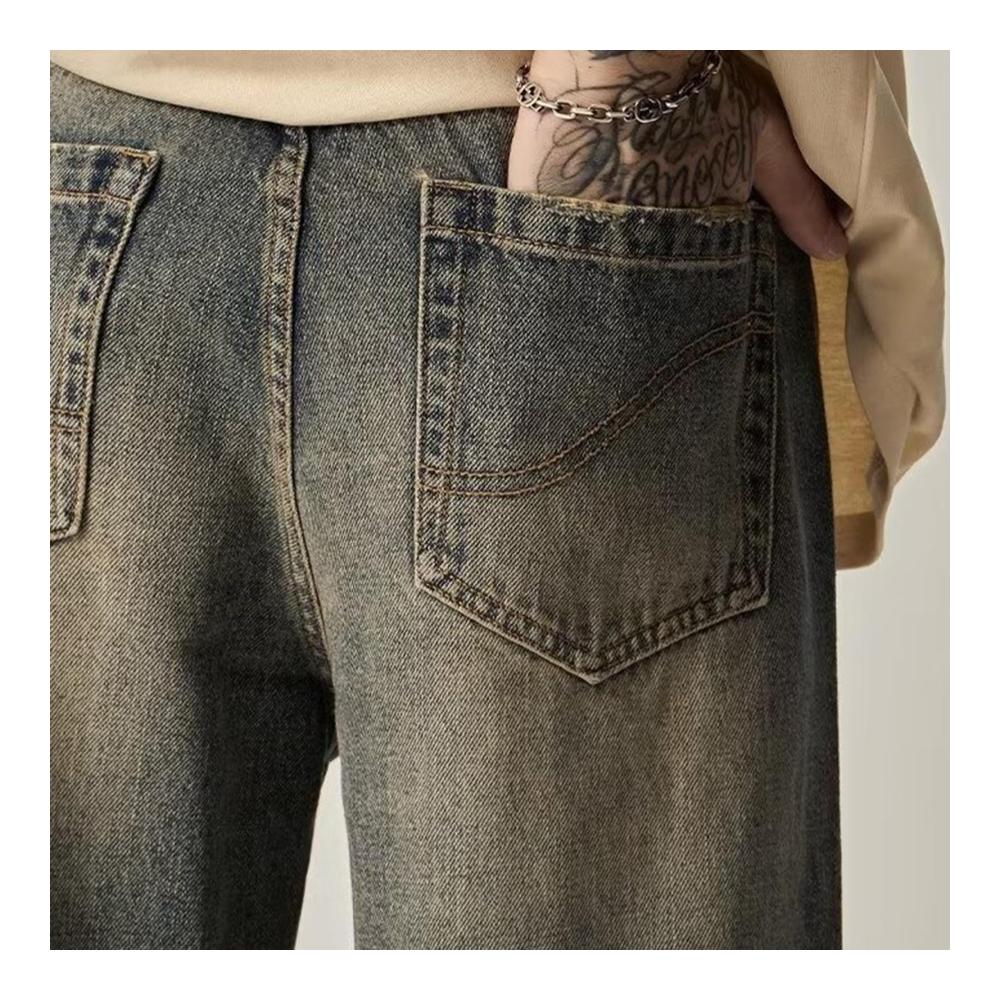 Trendige Herren-Denim-Hose Retro-Stil Farbverlauf & Kontrast. Weites Bein lockerer Schnitt für den High-Street-Style. Hip-Hop-Feeling mit geradem Schnitt volle Länge