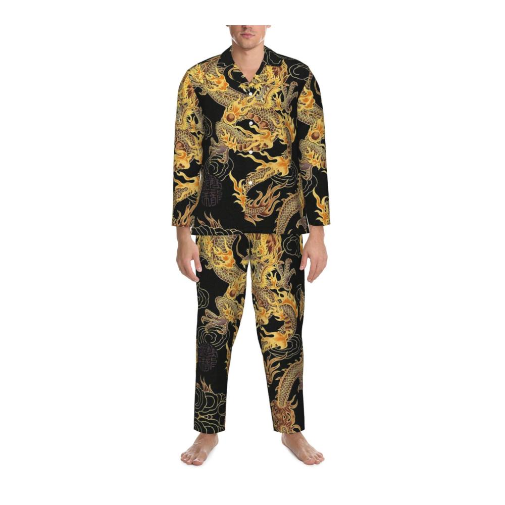 Behaglicher Herren-Schlafanzug Langärmeliges Pyjama-Set mit gelbem Drachenmotiv auf schwarzem Hintergrund. Schlummer in Stil und Komfort. Jetzt erhältlich