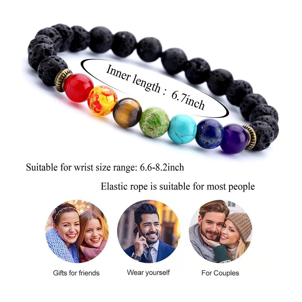 Einzigartige Energie Lavastein Chakra Aromatherapie Armbänder - Set mit 2 Stück für Herren und Damen 8 mm Perlen elastisch und natürlich für Yoga