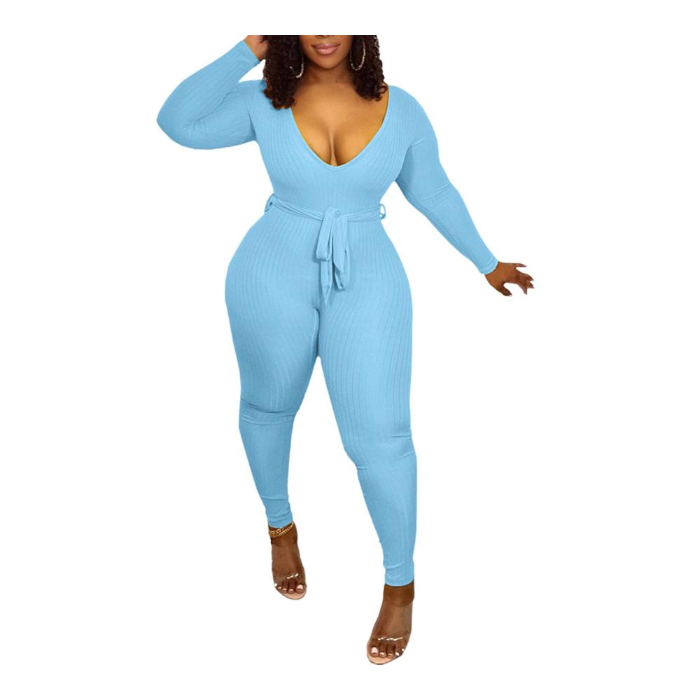 Eleganter Damen Jumpsuit mit Tiefer V-Ausschnitt | Langärmliger Figurbetonter Strampler mit Gürtel | Solides Einteiliges Outfit in Blau Größe S