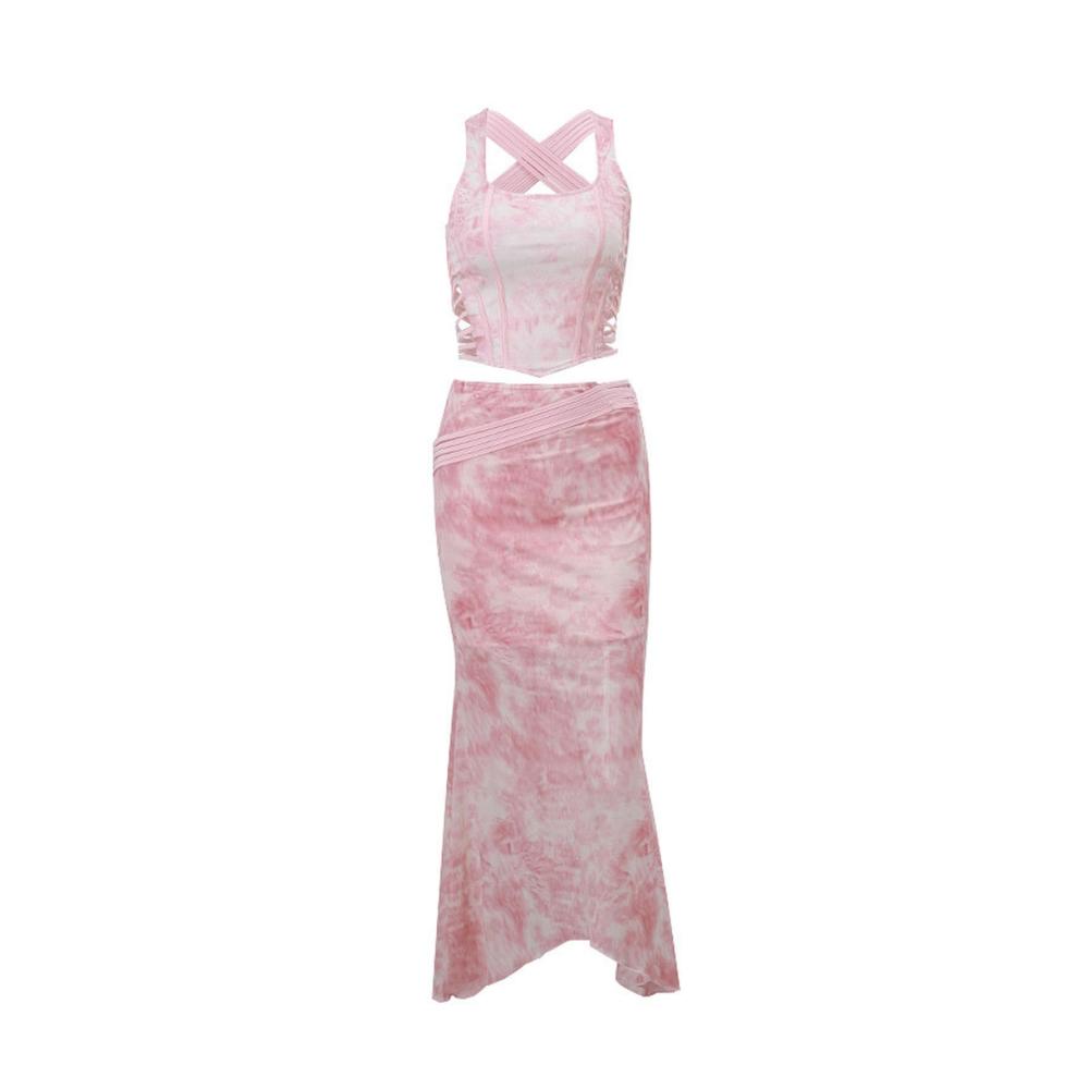 Sommer 2024 Quadratischer Hals Weste mit Retro-Print Unregelmäßiger Rock-Anzug in Rosa Größe L – Trendige Röcke für stilbewusste Damen