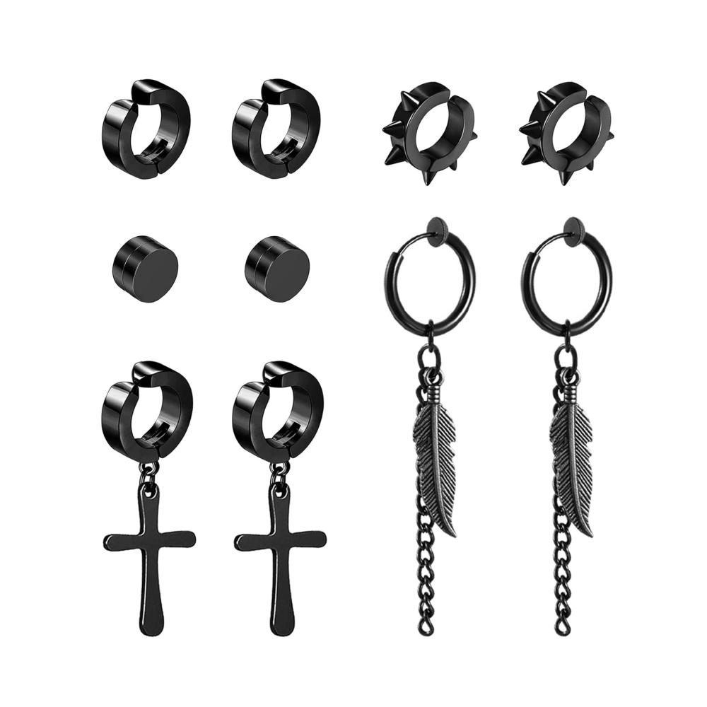 Edelstahl Magnet Ohrringe Set – 5 Paar Nicht-Durchdringende Creolen & Ohrstecker Clips für Herren Damen & Mädchen. Nickelfrei & Schwarz Perfekt für den Punk-Look